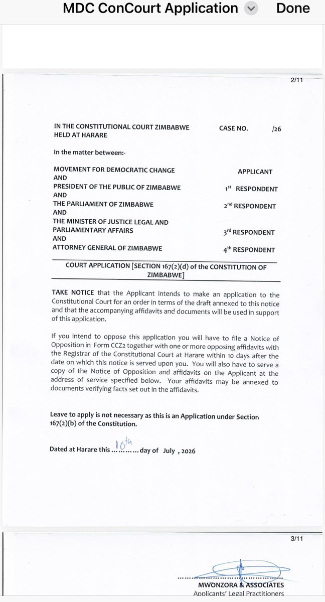 MacBelts's tweet photo. After confirming with @DMwonzora the earlier post which contained an application challenging the signing of CAB3 into law without ED referring the bill to a referendum, I can authoritatively say that the document doing the rounds contains an error which was rectified before the actual filing was done. The document makes reference to a response being launched in the High Court within 10 days and yet it was supposed to say the Constitutional Court. Attached is the actual application that was filed @Va_Gotora