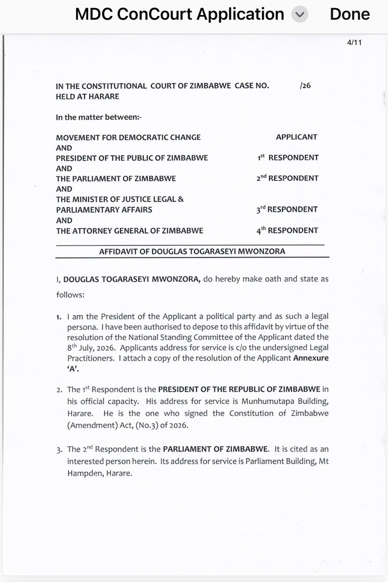 MacBelts's tweet photo. After confirming with @DMwonzora the earlier post which contained an application challenging the signing of CAB3 into law without ED referring the bill to a referendum, I can authoritatively say that the document doing the rounds contains an error which was rectified before the actual filing was done. The document makes reference to a response being launched in the High Court within 10 days and yet it was supposed to say the Constitutional Court. Attached is the actual application that was filed @Va_Gotora