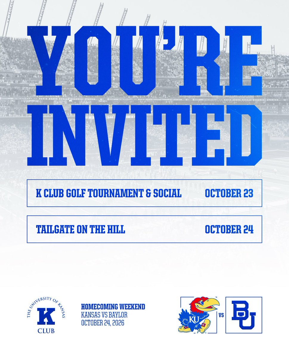 KansasKClub's tweet photo. Calling all K Club Members!

Please join us October 23-24 for K Club’s Homecoming Weekend ⛳️🏈

RSVP by Oct. 16 via Athlete Network! https://t.co/qSap5xR8uD