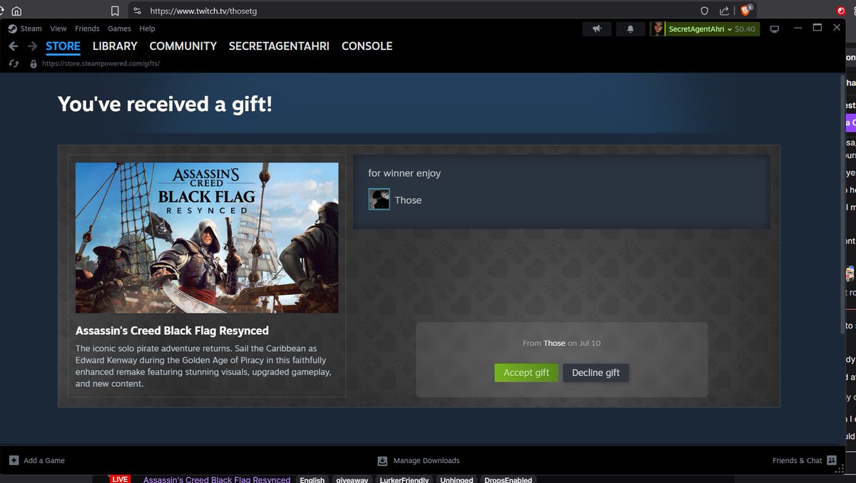 SecretAgentAhri's tweet photo. Thank you for the free copy of AC Blackflag Resynced for winning Marbles Royale yesterday @ThoseTG the goat of giveaway hosting #ThoseVouch ARGH ME MATEYS WE HUNT FOR BOOTY https://t.co/6qLgcSdrWh