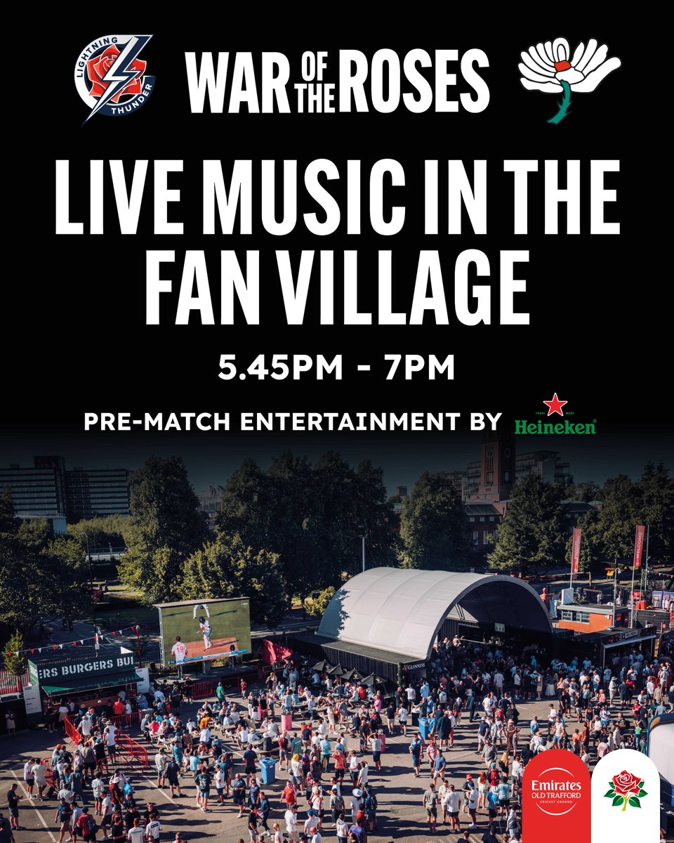 lancscricket's tweet photo. The perfect warm-up to #WarOfTheRoses. ๐ธ
๐ถ Live music in the Fan Village
๐ 5:45pmโ7pm
Kick off your @EmiratesOT matchday in style.
โก #StrikeTogether | @Heineken https://t.co/OVulbARtqL