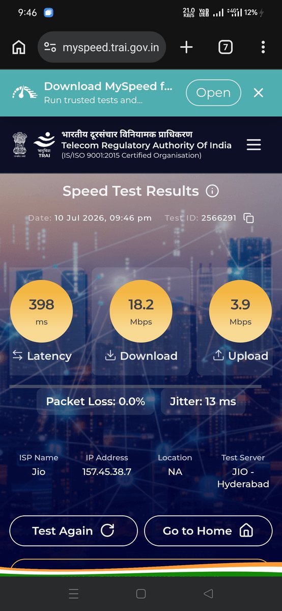 vivekranu1's tweet photo. I am using Jio 4G. Although the signal strength is available, internet performance is very poor. TRAI MySpeed test shows around 398 ms latency, 6.25 seconds web browsing delay, and 3.33 seconds video streaming delay. Due to this, websites load very slowly, video calls lag,(1/2) https://t.co/iSJRkmHWSR
