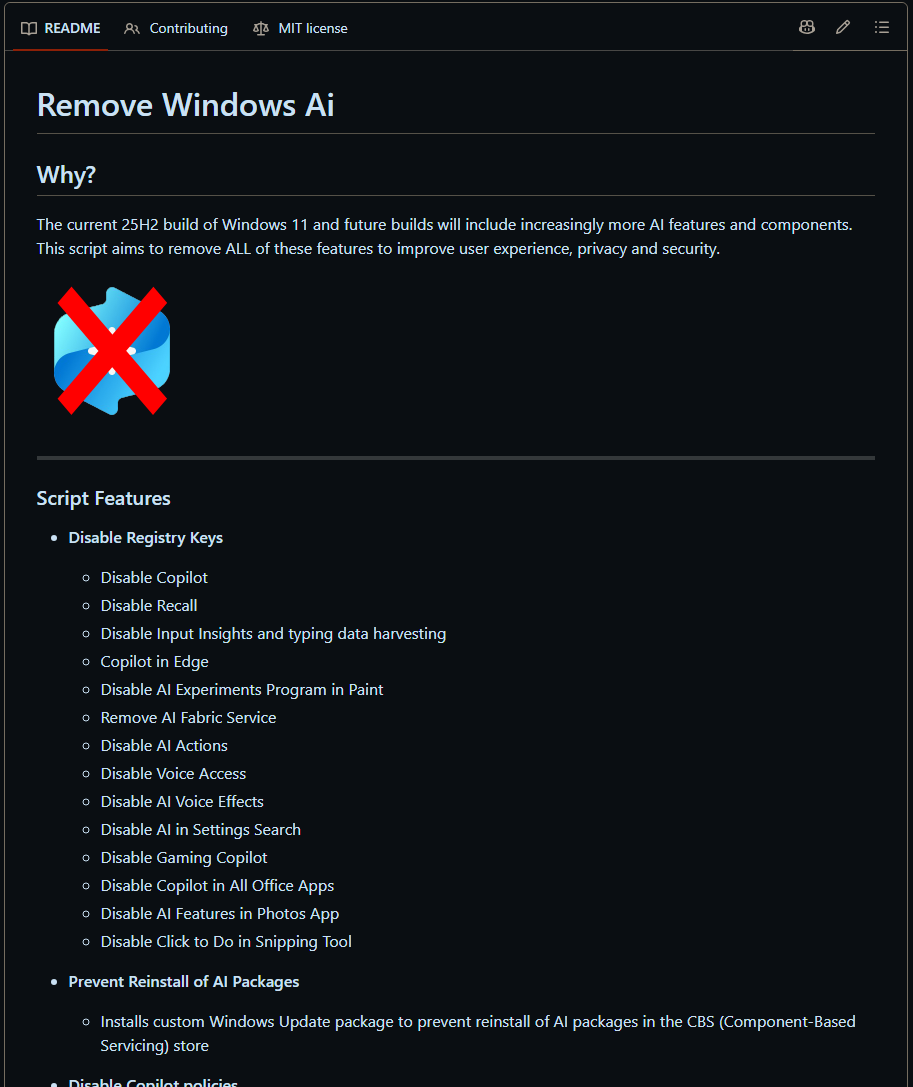 DarkWebInformer's tweet photo. 💥Remove Windows AI: Force Remove Copilot, Recall and More in Windows 11

GitHub: https://t.co/RnUNsKCy6Z https://t.co/JjEAHun1et