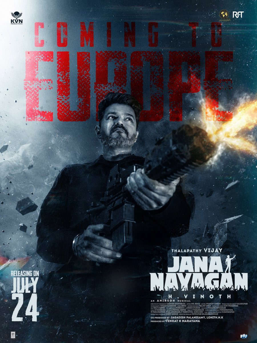 FilmsRft's tweet photo. A legacy . A festival. A moment for every Thalapathy fan. Experience #JanaNayagan in UK &amp; Europe from July 24th

@actorvijay | @Hvinothh 
@hegdepooja | @MamithaBaiju_ 
@KvnProductions | @FilmsLokah https://t.co/kdBRJQKlf8