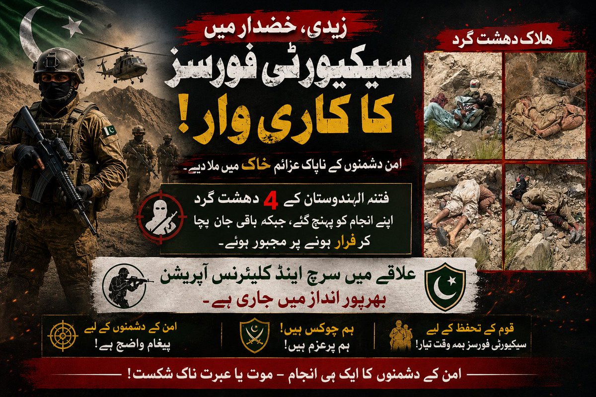 TalibBaloch99's tweet photo. زیدی، خضدار میں سیکیورٹی فورسز کا کاری وار! فتنہ الہندوستان کے 4 دہشت گرد اپنے انجام کو پہنچ گئے، جبکہ باقی جان بچا کر فرار ہونے پر مجبور ہوئے۔ علاقے میں سرچ اینڈ کلیئرنس آپریشن بھرپور انداز میں جاری ہے۔
#Khuzdar #Zeedi #Balochistan #SecurityForces https://t.co/Bi0zDnC9PK