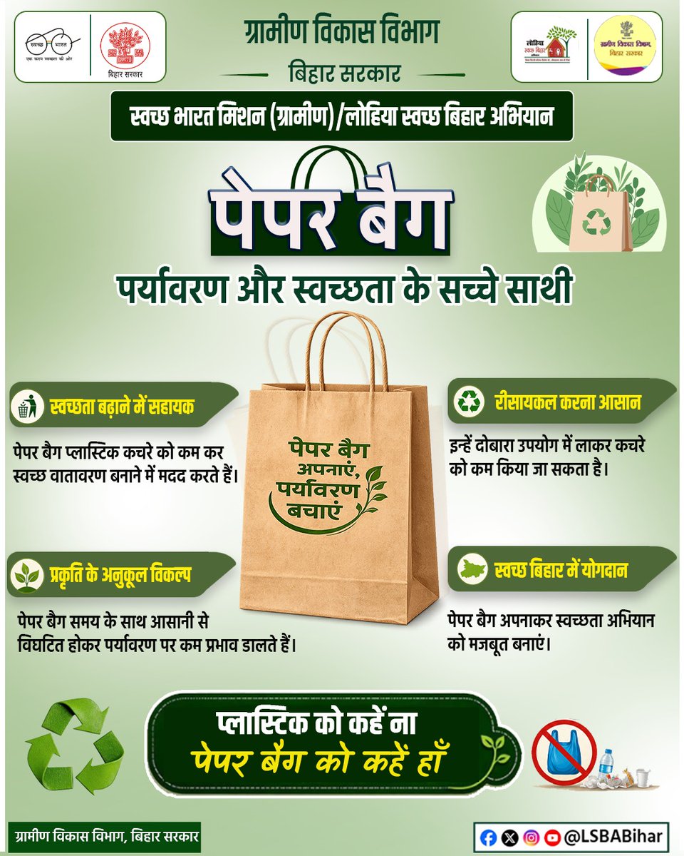 LSBA_Bihar's tweet photo. पेपर बैग पर्यावरण और स्वच्छता के सच्चे साथी हैं। इन्हें अपनाने से स्वच्छता को बढ़ावा देने और पर्यावरण संरक्षण में कई लाभ मिलते हैं। आइए, पेपर बैग अपनाकर प्लास्टिक कचरे को कम करने में अपना योगदान दें।
#WorldPaperBagDay
#SayNoToPlastic
#BringYourOwnBag
@BiharRDD 
@swachhbharat https://t.co/2A0MP5RqMA