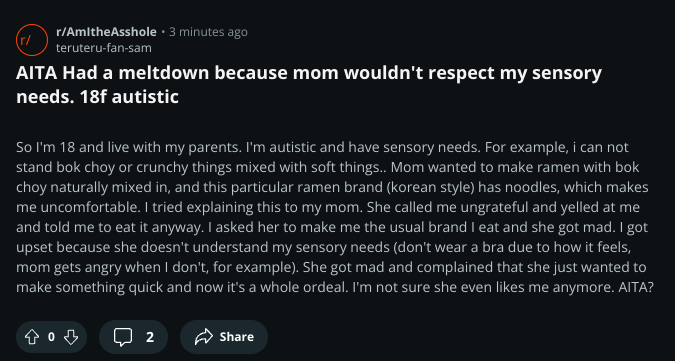 AmITheAssholeX's tweet photo. AITA Had a meltdown because mom wouldn't respect my sensory needs. 18f autistic
#aitah #amitheasshole #advice https://t.co/fJ3xWCwlBB