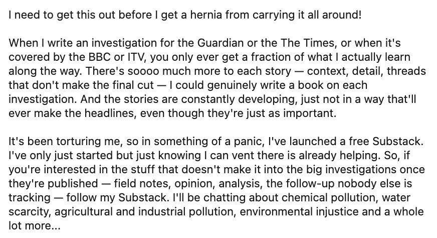 RachSalv's tweet photo. When I write an investigation, you only ever get a fraction of the story. There's so much more - context, detail, threads that don't make the final cut. Follow my Substact if you want field notes, opinion, analysis, follow-ups and more!  
https://t.co/neQKBslOVD https://t.co/tnyal9rX0Z
