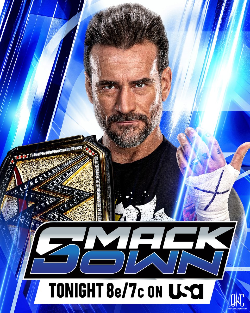WWE's tweet photo. .@CMPunk is BACK and returns to #SmackDown as the Undisputed WWE Champion TONIGHT in Oklahoma City!

📍: Oklahoma City, OK
🎟️: https://t.co/bprk4pqpxU
📺: 8 ET/7 CT on @USANetwork https://t.co/03nvFhsfkY
