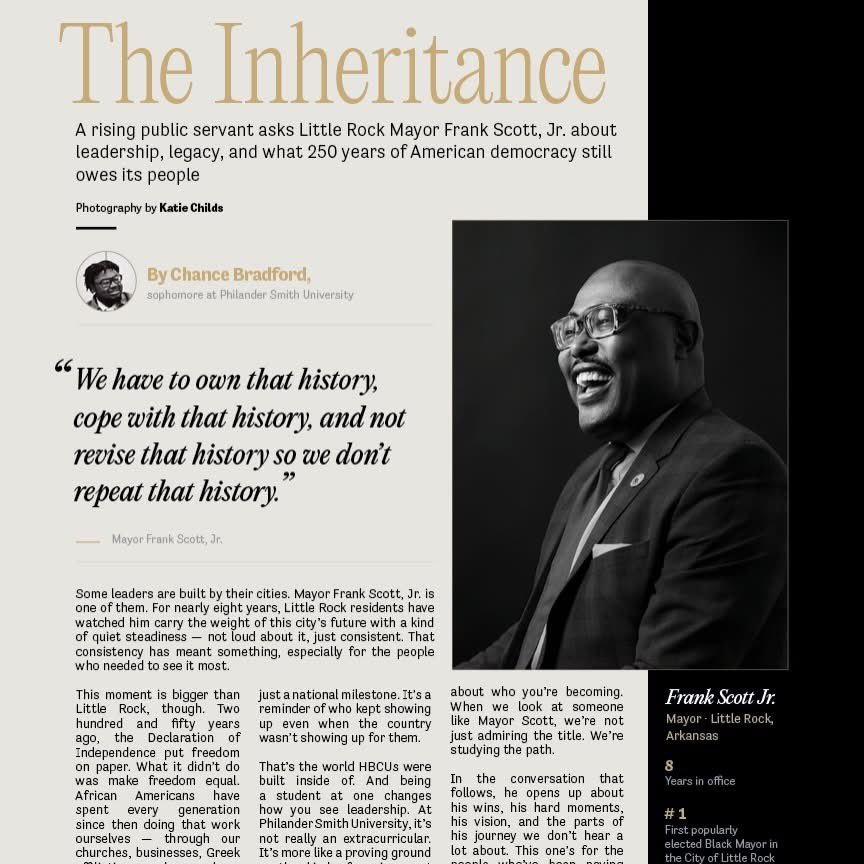 FrankScottJr's tweet photo. 🧵#GrowingForwardLR — Leaving an inheritance. Honored to be featured in @ArkansasNOIRE’s America 250 issue as I enter my re‑election campaign. 1/3 https://t.co/F8Nnrom9PH