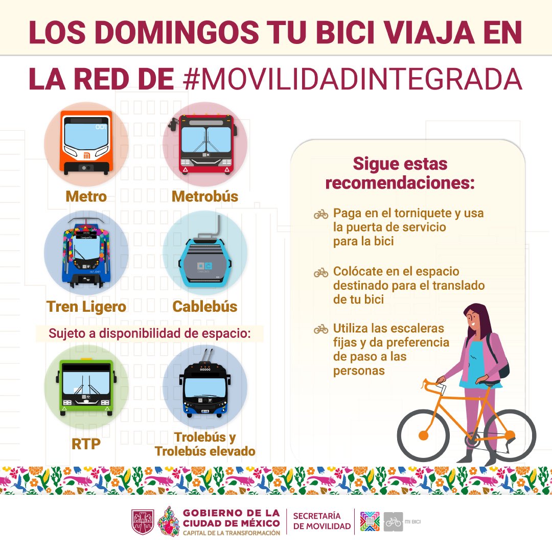 LaSEMOVI's tweet photo. ¡El fin de semana se acerca! 🙌

Recuerda que puedes viajar con tu bici en la Red de Movilidad Integrada. 🚲🚡🚇🚌

Sigue las recomendaciones. 👇 https://t.co/vqNZcU2XWA