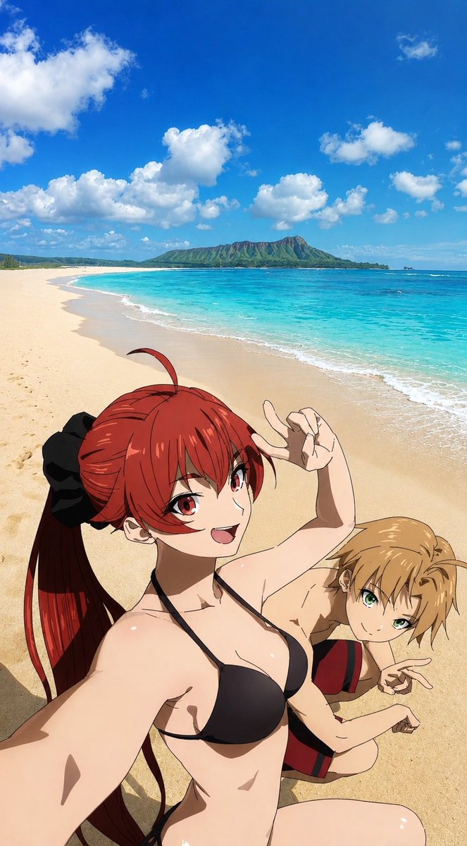 AniNyxX's tweet photo. Beach episode done right! 
Who else thinks Eris and Rudeus are the ultimate travel buddies?  #MushokuTensei #AnimeCouple #SummerVibes https://t.co/KwI9Qf5ziD