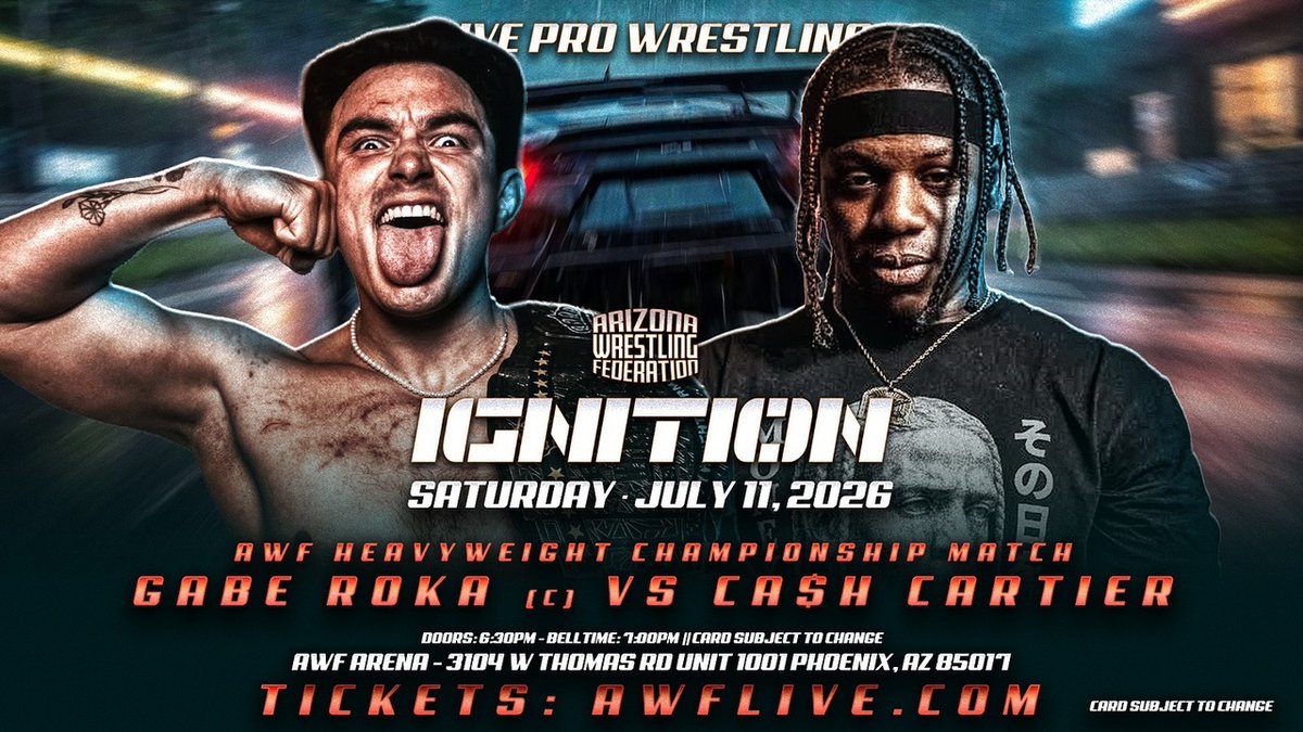 prowrestlingaz's tweet photo. SAT 7/11: CASH CARTIER has issued a challenge to new AWF Heavyweight Champion GABE ROKA! TICKETS: https://t.co/lTDeukw48C https://t.co/uGdEXcsuKV