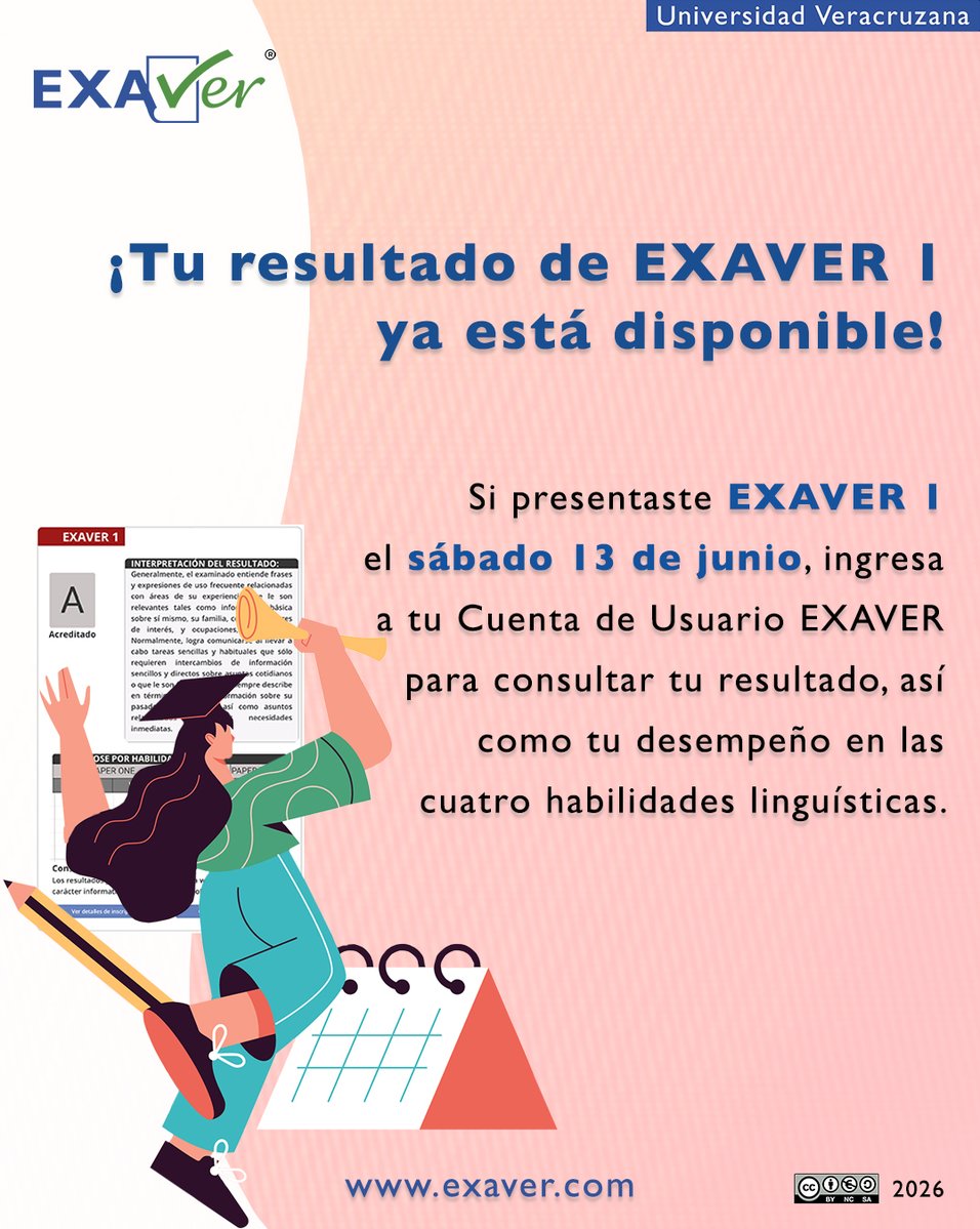 EXAVER's tweet photo. ¡Tu resultado de EXAVER 1 ya está disponible! 🥳🔴

Si presentaste tu Examen de Certificación de Lengua Inglesa EXAVER 1 el sábado 13 de junio de 2026, ya puedes revisar tu resultado. 🙌🏻

👉🏻Ingresa a https://t.co/hX4DWhdHse con tu Cuenta de Usuario EXAVER. https://t.co/7TyMeAk9wK