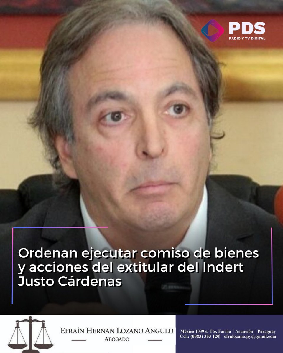 pds_radio's tweet photo. 🟣El juez de Ejecución Carlos Mendoza ordenó ejecutar el comiso dispuesto en la condena firme contra Justo Cárdenas, extitular del #Indert, por enriquecimiento ilícito y lavado, y dispuso el bloqueo de un departamento, acciones por valor de G. 450 millones y USD 180.700 depositados en una cuenta.
🟣Nota: https://t.co/513fUPA1Dc