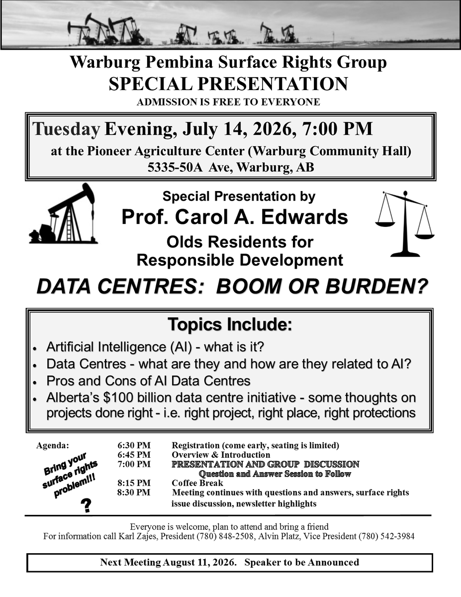 mark_dorin's tweet photo. Much thanks to my man @ryanjespersen for plugging our Warburg event (poster below) on his live @RealTalkRJ podcast from Stampede this morning.  Warburg is a skip and a jump from Edmonton. Greatly appreciated!

Topic:  Data Centres:  Boom or Burden https://t.co/uyWT3XG6d4