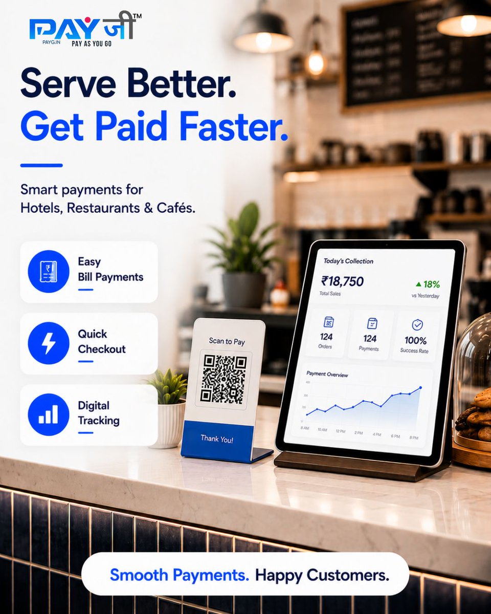 PayGIndia's tweet photo. Serve smiles. Collect payments smarter. 💙
Make billing, checkout & payment tracking easier with PayG’s smart digital payment solutions. 🚀
Smooth Payments. Happy Customers. ✨
#PayG #SmartPayments #CafeBusiness #RestaurantOwners #DigitalIndia #FintechSolutions https://t.co/3msV0fKAyP