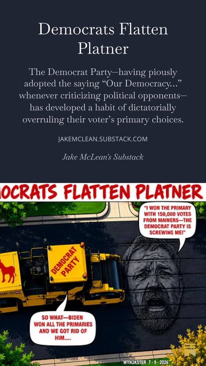 wyn2kster's tweet photo. @TwitchyTeam “Our Democracy” 🙄

WYN2KSTER Political Cartoons: Democrats Flatten Platner. #Platner #America #Democrats #GOP #DeportThemAll #Maine #America250 #Communists #DemocratsHateAmerica #MAGA #Trump #IslamInvadesViaLeft #IslamOrLeftBringViolence 
Click 🔗⬇️
https://t.co/1XUt1Rt89T? https://t.co/fdHZ9gsHGr
