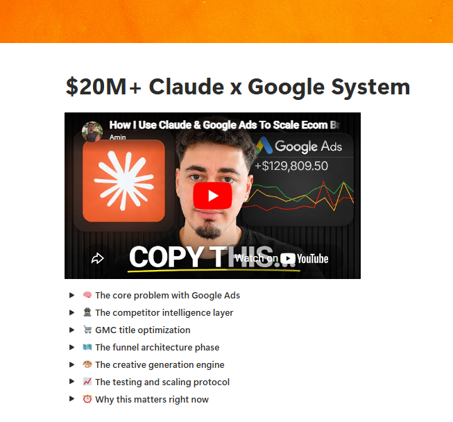eCom_Amin's tweet photo. f*ck it i’m leaking it

claude fable 5 + google ads API + higgsfield MCP is BRAZY for scaling ecom brands

i cracked the code to:
> reverse engineer competitor funnels
> conduct TOF/MOF/BOF keyword research
> build funnels (adv, quiz, comparison, listicle, pdp…)
> generate winning YT creatives with GPT images 2.0
> optimize GMC titles for winning shopping ads
> segment ICPs into different ad groups
> spot & scale winners / kill losers

all inside ONE claude workflow

and packaged EVERYTHING into a step-by-step text + video MASTERCLASS backed by $20M+ in client rev generated with google ads ecosystems

like + comment “GOOGLE” and I’ll DM you the sauce

(must be following + RT for priority access)