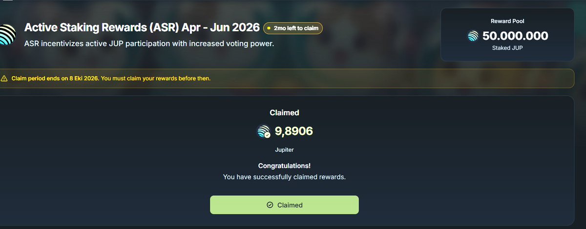 kriptoescobar0's tweet photo. Jupiter ASR Q2 claim’i açıldı!
✅ Claim linki: https://t.co/TrkXa93JD4
Claim 8 Ekim’e kadar açık kalacak. Yıllardır alıyoruz 3-5 bir şey.
#Airdrop #KriptoAirdrop #AirdropTR #KriptoTürk #AirdropHunter #DeFi #Crypto #Jupiter
@JupiterExchange @kriptoescobar0 https://t.co/j3fCufErjO