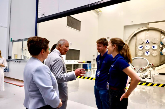 His Majesty The King visiting RAL Space at Harwell Campus - R-L Dr Sarah Beardsley, Louis Saraff, MAIT Technician, Katherine Ostojic, MAIT Engineer (Credit STFC - RAL Space)