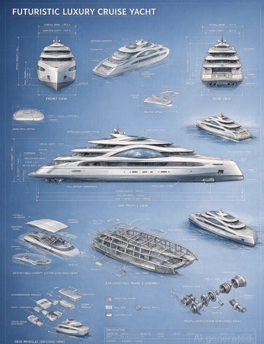 EmirAILab's tweet photo. Remember when asking AI for a technical blueprint meant getting a melted pile of random lines and alien gibberish? We have officially moved past that era.
This futuristic luxury yacht schematic demonstrates exactly what BytePlus Seedream 5.0 can do when pushing the absolute limits of hyper-dense infographic layout. The model maps out a mathematically rigid grid featuring perfect front, rear, and side profile views alongside complex exploded assemblies of the propulsion system and hull frame. What is truly impressive here is not just the stylistic consistency of the vessel across entirely different angles, but the precision of the text rendering. The headers, dimension lines, and intricate system labels are sharp, structured, and completely legible, proving that AI can finally handle professional-grade industrial concept work without turning into visual soup.
Enterprises and Developers can access the official API via BytePlus, and you can also use it directly on BytePlus Lumina.
👉 https://t.co/e6zVr9VvNe
@BytePlusGlobal @lumina_ai_aiart