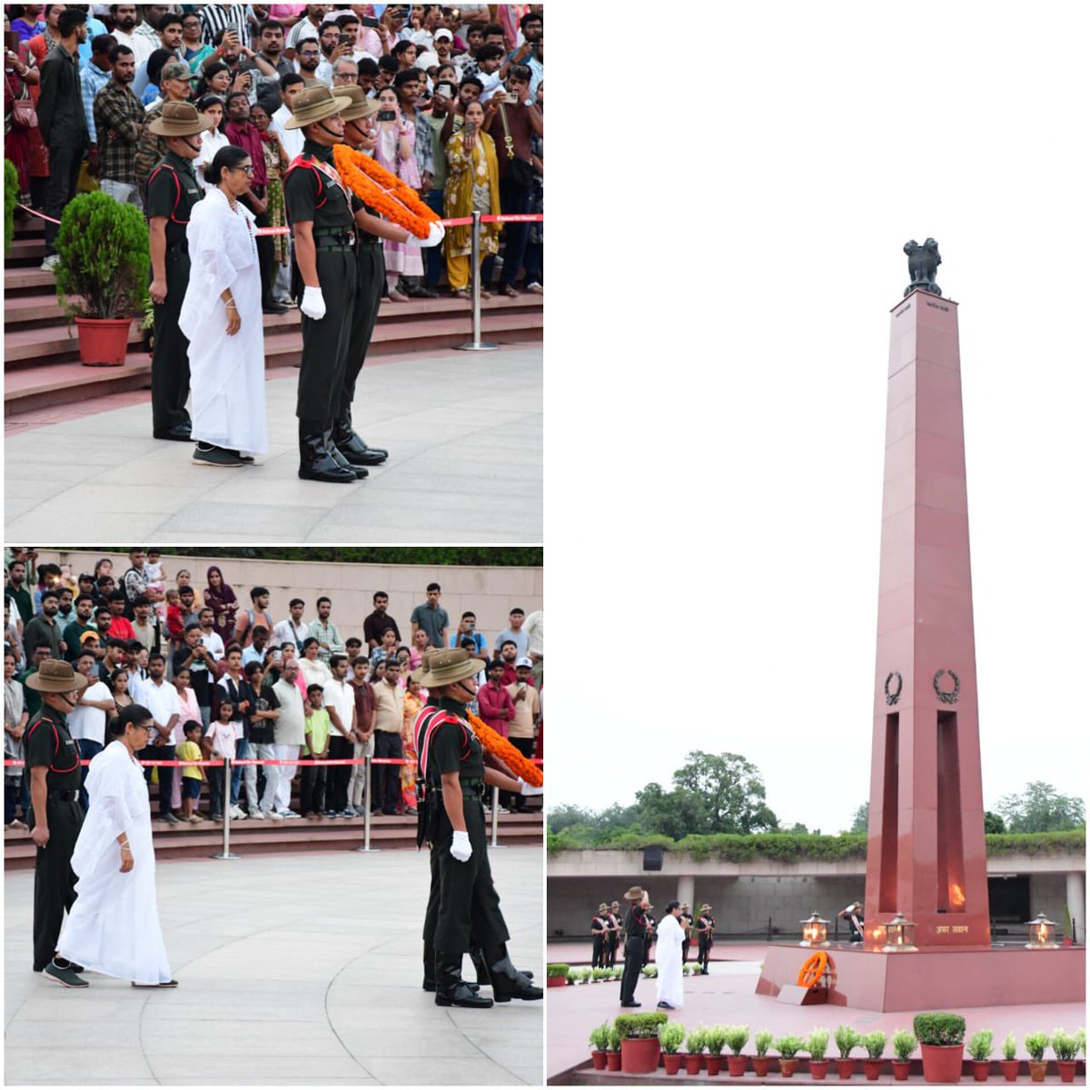 salute2soldier's tweet photo. Daily #NextOfKin ceremony at #NationalWarMemorial evokes the gallantry of fallen soldiers. As #Veernari Mala Hattiholli paid homage at #AmarJawanJyoti, it recalled memories of her soldier, Sep Ulavappa Hattiholli, #8MARATHALI who immortalised himself during Op #Meghdoot in 1985. https://t.co/DNXxnmphty