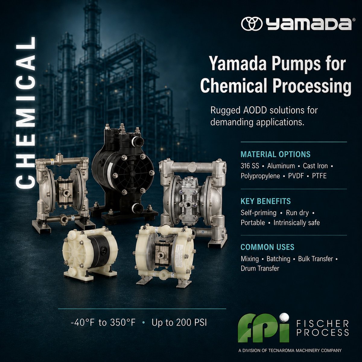 fischer_process's tweet photo. #ChemicalProcessing demands rugged pump solutions. Yamada #AODD pumps support mixing, batching, bulk transfer, and drum transfer with material options for demanding applications.

Read more: https://t.co/jxEaOfMGKK

#YamadaPumps https://t.co/d3rJs3Wawl