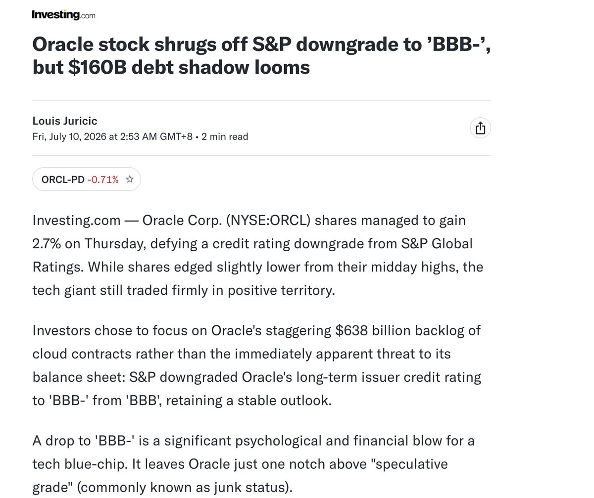 kakashiii111's tweet photo. S&P downgraded Oracle's long-term issuer credit rating to 'BBB-' from 'BBB', citing exploding capex. The ratings agency now projects Oracle's fiscal 2027 capital expenditures to rocket to $90 billion to $95 billion, a massive leap from its previous $60 billion forecast, driven by soaring AI chip costs and new data center builds.

That's exactly what I said: with each Nvidia generation, data center cost keeps rising, and that's excluding other rising components. Now add memory and storage, turbines, cooling, and so on, all rising too.

At some point, projects will start getting cancelled, scaling planned capacity down (say from 5 GW to 1 GW), and we'll even see abandoned projects selling for pennies.

That scenario could bring us the great write off period.