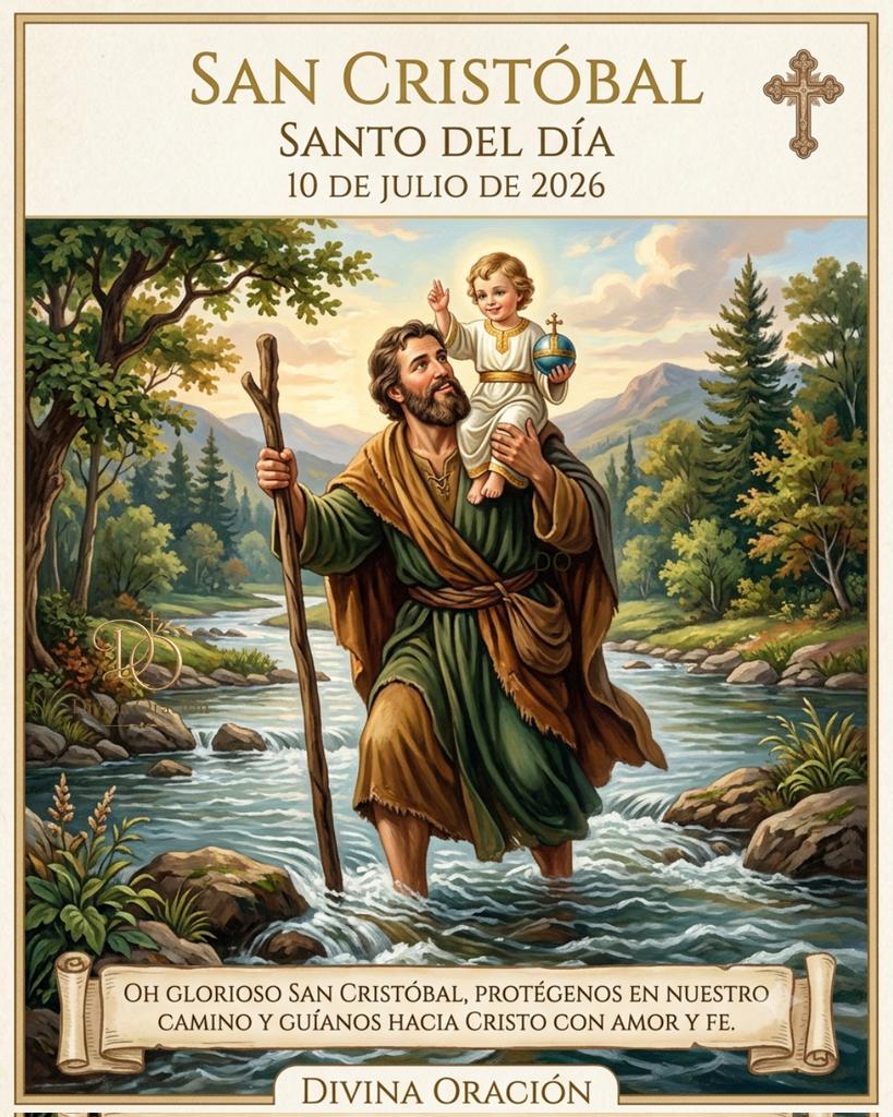 l_lbastidas48's tweet photo. ✨️ Santo del Día 

San Cristóbal de Licia

Fecha de Nacimiento Desconocida
- 251 d. C fallecimiento 

Lugar de Nacimiento
Desconocida (Canaán)

​San Cristóbal es conocido tradicionalmente como el patrón de los viajeros, transportistas y peregrinos. Su nombre significa “el que lleva a Cristo”. Cuenta la tradición que era un hombre de gran estatura y fuerza se dedicaba a cruzar a los viajeros al otro lado de un río caudaloso. Una noche, cruzó a un pequeño niño que se volvía cada vez más y más pesado; al llegar a la orilla, el niño le reveló que era Jesús y que, al cargarlo, Cristóbal había llevado sobre sus hombros el peso del mundo entero.

Festividad 10 de Julio. 

✝️ ​Oración 
​Oh bendito San Cristóbal, protector de todos los que emprenden un camino: acompáñanos en cada jornada de nuestra vida, tanto en los senderos físicos como en los del alma.
​Tú que tuviste la dicha de llevar en tus hombros al Salvador, ayúdanos a cargar nuestras propias cruces con amor y fortaleza.
Cuida nuestros pasos, líbranos de todo peligro y guíanos siempre a un destino seguro en los brazos de Dios.
​Amén.

Oh  Glorioso San Cristóbal, protégenos en nuestro  camino y guíanos hacia Cristo con amor y fe.

#SantoDelDía 
#SanCristobalDeLicia
#DivinaOración