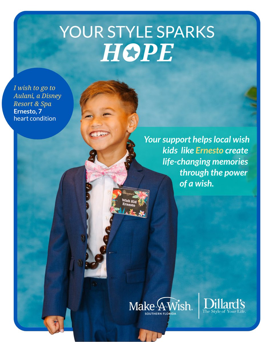 makeawishsfla's tweet photo. It’s almost here! 💙
 
Starting Saturday, July 11th through August 17, we’re proud to partner with Dillard's to help make life-changing wishes come true. 
 
Find us at your local Dillard’s and be a part of the magic today! ⭐️ https://t.co/KVvlCp3LQs