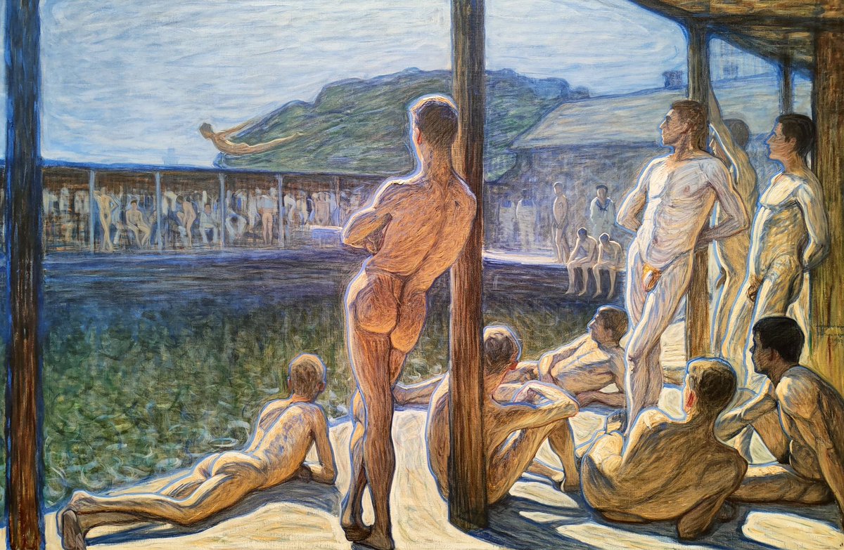 viaSargedna's tweet photo. Naval Bathers (Flottans badhus), 1907
Eugène Jansson (1862–1915)
Oil on canvas
This painting marks a dramatic turning point in the career of the Swedish artist Eugène Jansson. Having become famous for his atmospheric blue-toned cityscapes of Stockholm, Jansson shifted around 1904 to painting the male figure. Naval Bathers (1907) is among the defining works of this later period and depicts sailors and young men relaxing at the Swedish naval bathhouse on Skeppsholmen in Stockholm. At the center, a diver is frozen in mid-air, while the surrounding figures watch from the bathing platform, creating a scene of quiet observation rather than dramatic action.

Significance in its time
When exhibited in 1907, the painting was strikingly modern and controversial for several reasons:
A new ideal of masculinity. Across Europe, the early twentieth century saw the rise of vitalism—a cultural movement celebrating physical health, athleticism, sunlight, and the disciplined body as an antidote to the perceived ills of industrial urban life. Jansson's muscular sailors embodied this ideal, making the work both contemporary and socially relevant.
The male nude as the primary subject. While female nudes had long been accepted in Western art, Jansson presented the male nude with an unprecedented level of sustained attention. Rather than using classical heroes or mythological figures, he depicted ordinary modern men, transforming an everyday naval bathhouse into a monumental scene worthy of history painting. Contemporary audiences found this both innovative and unsettling.
A coded expression of queer identity. Today the painting is also understood as an important work in LGBTQ+ art history. Homosexual acts were illegal in Sweden until 1944, making open expression impossible. The naval bathhouse functioned not only as a sporting venue but also as a social space where men who desired other men could meet. Jansson's lingering attention to the male body can therefore be read as both an artistic celebration of physical beauty and a discreet expression of personal desire, carefully framed within the acceptable language of athletics and health.
Why it matters today
Naval Bathers stands at the intersection of modernism, changing ideas about the body, and queer cultural history. It demonstrates how artists could communicate personal identity through apparently conventional subjects while navigating the legal and social constraints of their era. At the same time, its luminous handling of light, rhythmic composition, and sculptural treatment of the human figure make it one of the most important Scandinavian paintings of the early twentieth century.