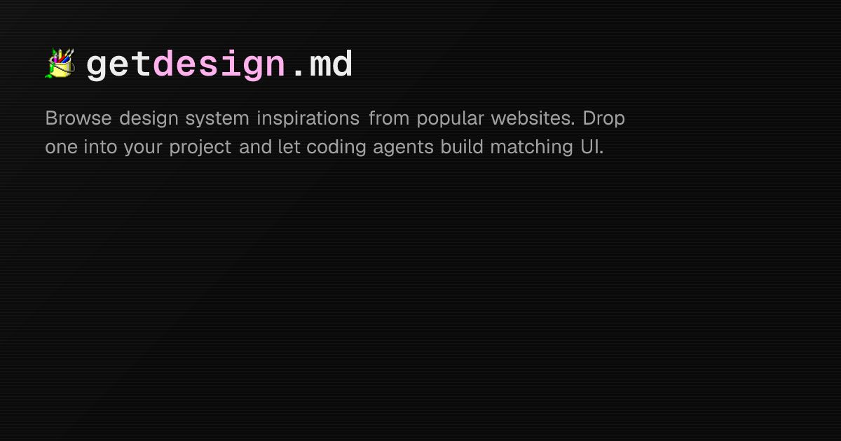 SidebarIO's tweet photo. getdesign.md — DESIGN.md collection for AI coding agents https://t.co/aqAkrsMhRu https://t.co/2qfptvJiFf