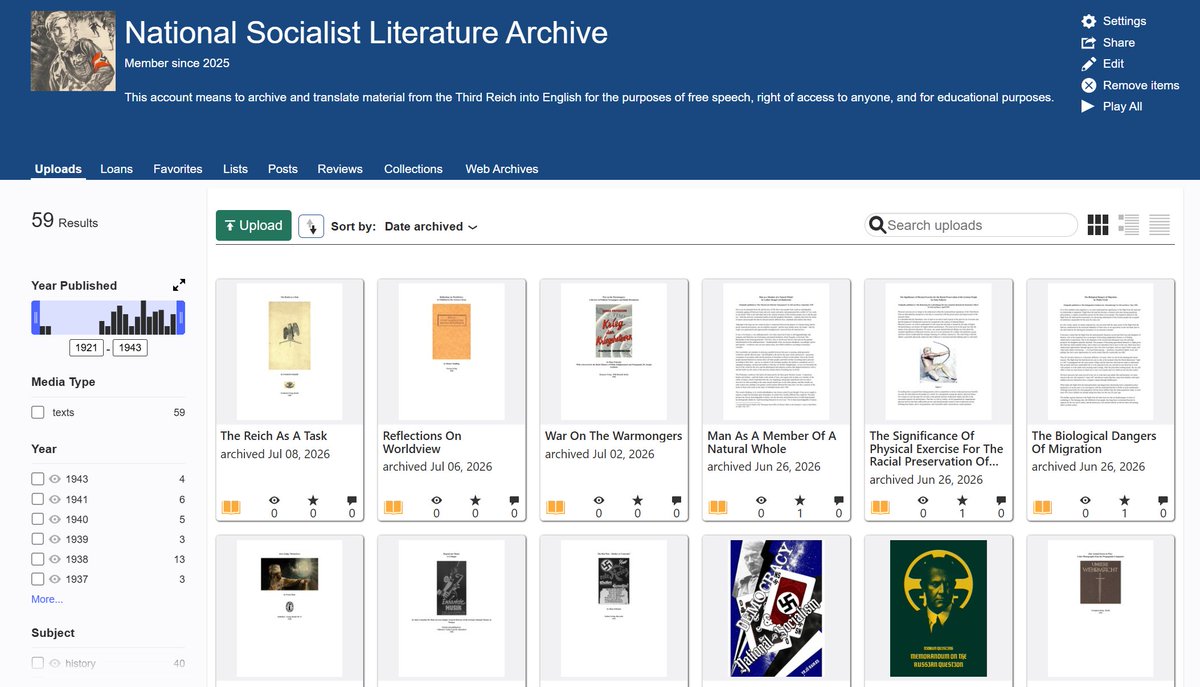 NSLitArchiveII's tweet photo. Okay, let's try this again:

Little introduction post:
I run the National Socialist Literature Archive, which is dedicated to translating National Socialist material into English.
I myself am a National Socialist and know both English and German.

You can find my work on the Internet Archive: https://t.co/6pSpvJ6DXZ

I hope to grow this project further, but for now its restricted to the Internet Archive and Substack (with the link in bio).
May this lead to great things.