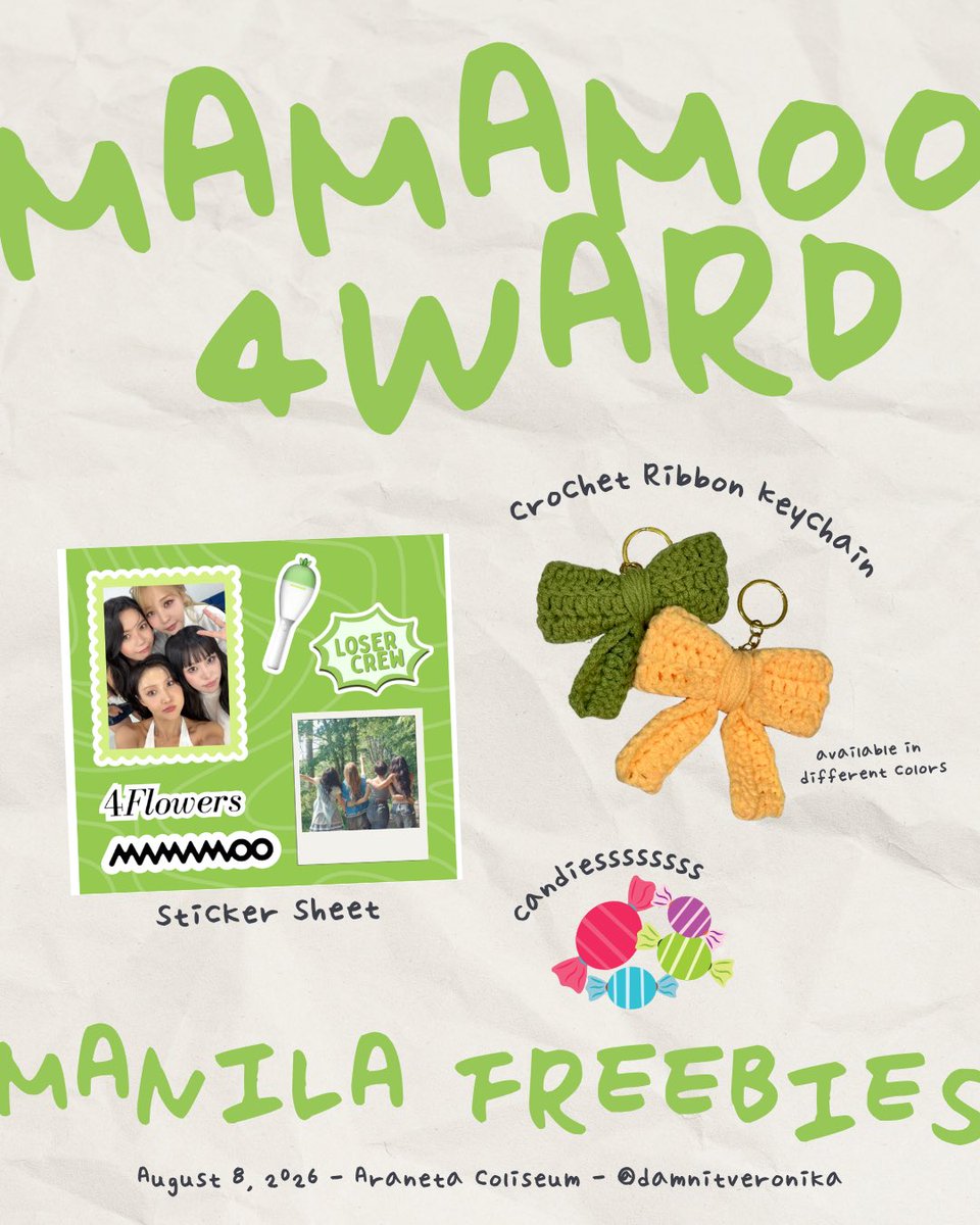damnitveronika's tweet photo. ✨ Mamamoo 4ward Manila Freebies ✨

Last concert i got so many freebies, so now i decided to give back 💖

What you’ll get: 
✨Sticker sheet
✨crochet ribbon keychain 
✨candies

👉🏻Time and loc TBA

Strictly 1:1 - Open for trades too 🫰🏻
#MAMAMOO #4WARDinMNL #MAMAMOOinPH https://t.co/8HsaWua64o