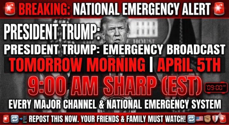 QTruth01's tweet photo. 🚨 BREAKING: NATIONAL EMERGENCY ALERT 🚨
EVERYONE LISTEN UP: President Trump is set to deliver a MAJOR EMERGENCY BROADCAST tomorrow morning! 🇺🇸🔥
📅 WHEN: Tomorrow, July 11th 
🕘 TIME: 9:00 AM SHARP
📺 WHERE: Every major channel / National Emergency System
Follow the link below  for guidance on how to get ready 👇👇

https://t.co/kcJia8HgoP