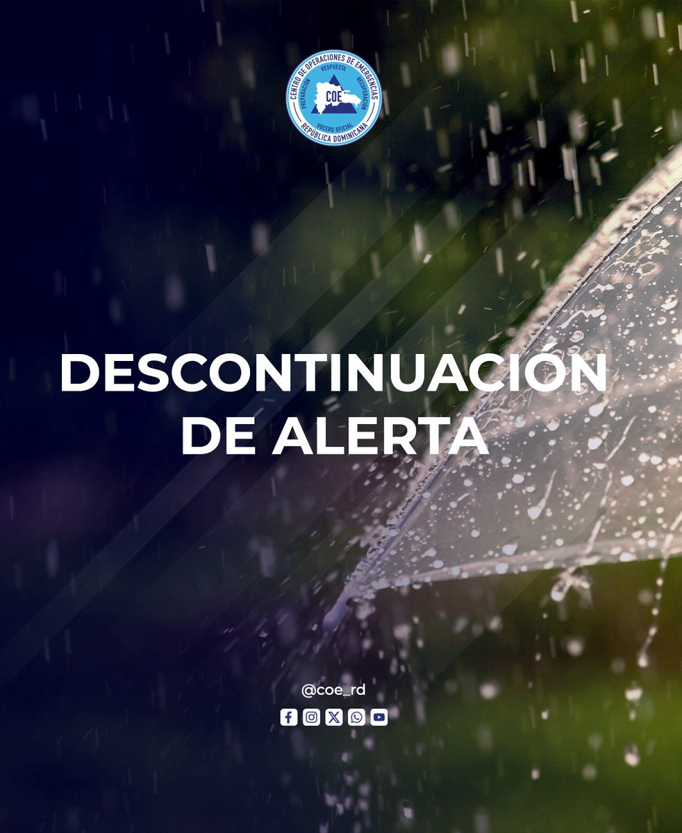 COE_RD's tweet photo. El COE descontinúa el nivel de alerta verde para 7 provincias, debido a que el informe del  INDOMET e INDRHI, los cuales establecen que la actividad de precipitaciones seguirá disminuyendo significativamente en gran parte del país. https://t.co/K2fiVZzXVk