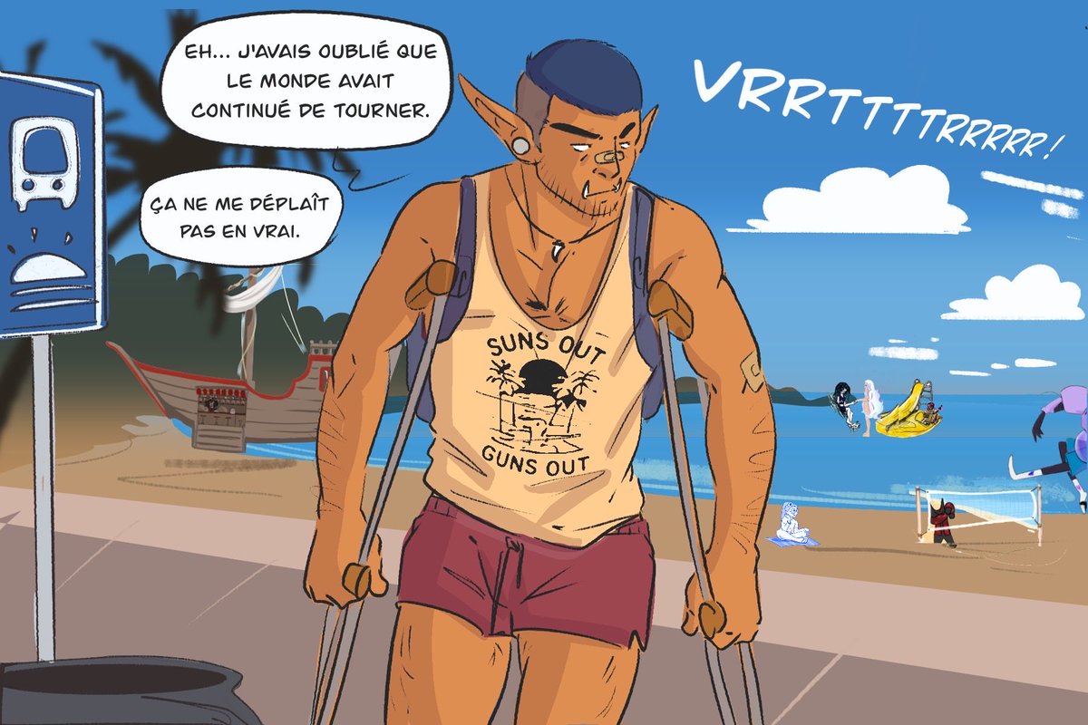 Johnny__Wire's tweet photo. Phil still manages to look cool, even on crutches. #oc #orc #halforc #beach #comic #cartoon https://t.co/Ks8dg3dcUL