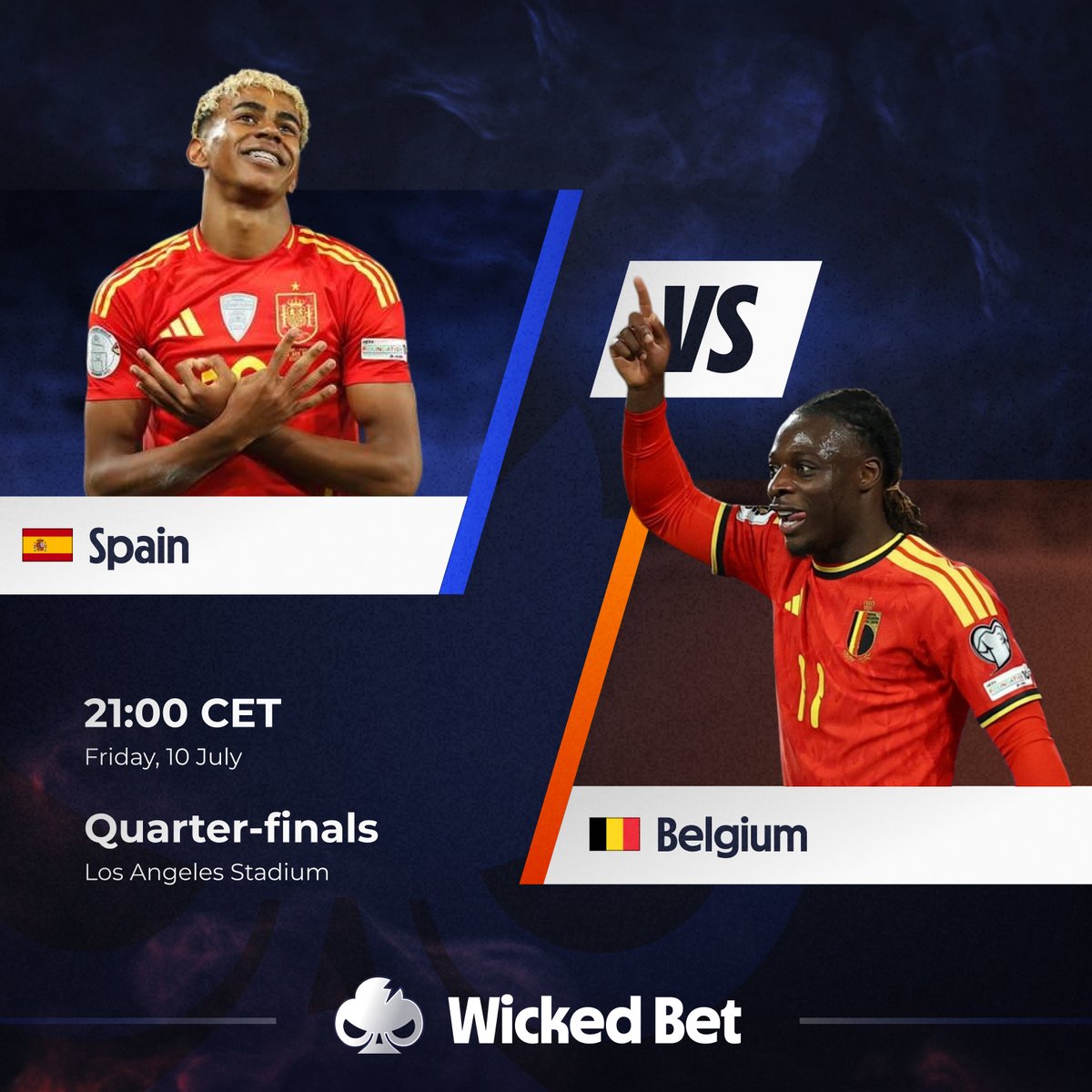WickedCasino's tweet photo. Must Watch Match ⚽️

A place in the semifinals is on the line as Spain and Belgium clash in what promises to be a blockbuster showdown.

Will Spain's dominant form continue, or can Belgium pull off a statement victory and book their spot in the final four?

⏩https://t.co/ZYJO5h4EfF