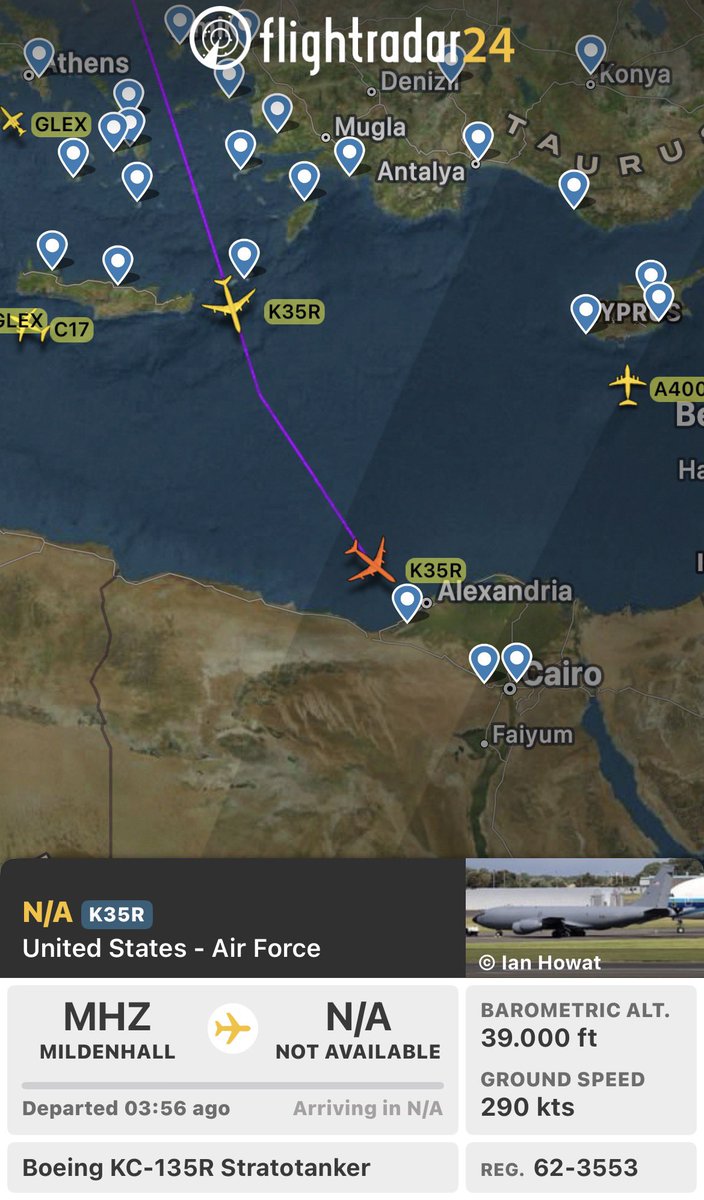 BeamTracker_'s tweet photo. 🔴🇺🇸🇮🇷🇮🇱MORE INFO: In addition to this, large tactical air activity is being recorded all around the region (1):

- x1 MQ-4C over Syrian airspace
- x3 KC-135R tankers
- x3 KC-46A tankers
- x1 E-3B AWACS

Interestingly, two USAF KC-135R from Mildenhall are flying towards the CENTCOM AOR (2).