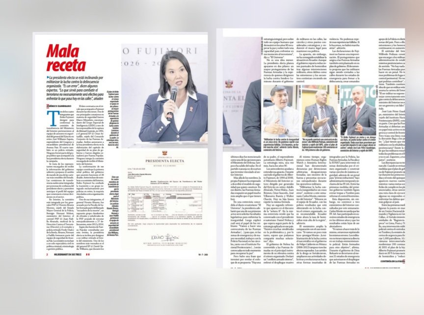 ensustrece's tweet photo. En #Hildebrandt @ensustrece: MALA RECETA por @mecozam. La presidenta electa se está inclinando por militarizar la lucha contra la delincuencia organizada. “Es un error”, dicen algunos expertos. “Lo que sirvió para combatir el terrorismo no necesariamente será efectivo para enfrentar lo que pasa hoy en las calles”, añaden. El reportaje en https://t.co/Yd2EU1qlZG.
