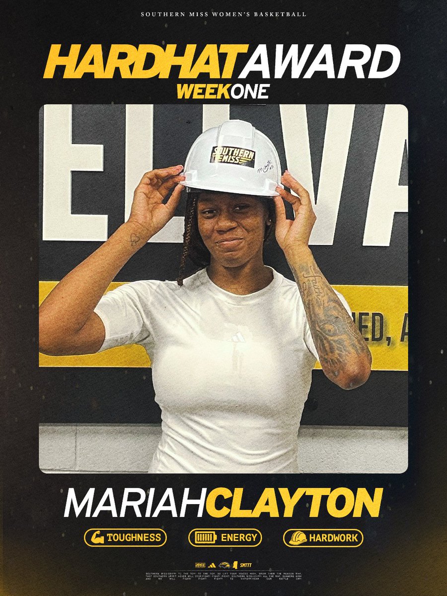 SouthernMissWBB's tweet photo. 𝗦𝗲𝘁𝘁𝗶𝗻𝗴 𝘁𝗵𝗲 𝗧𝗼𝗻𝗲👷‍♀️

Our first two Hard Hat Award winners, Mariah Clayton &amp; Kennedy Langham!

#ELEVATE | #SMTTT https://t.co/YoJdYMI2pW