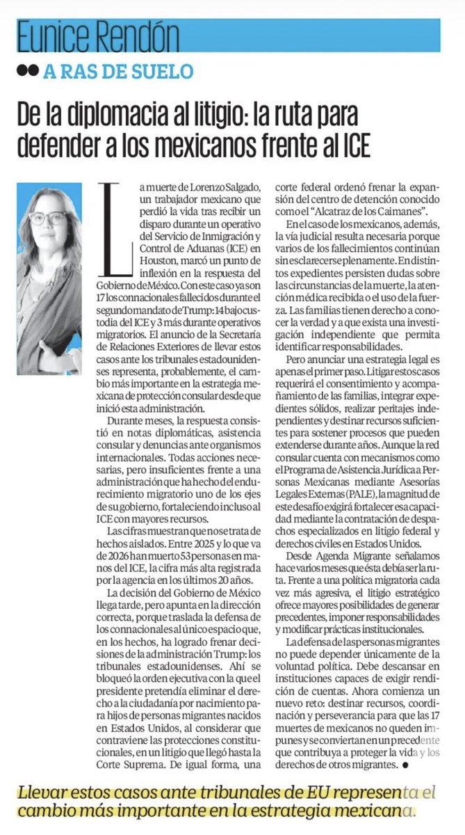 EuniceRendon's tweet photo. 🇲🇽⚖️ Comparto mi columna en @El_Universal_Mx: “De la diplomacia al litigio: la ruta para defender a los mexicanos frente al ICE”.

Frente a las 17 muertes de #mexicanos y las 53 personas fallecidas en manos del #ICE durante la actual administración de #Trump, la vía legal representa la mejor oportunidad para garantizar verdad, #justicia y rendición de cuentas. Ahora el reto será convertir ese anuncio en una estrategia de litigio sólida, con recursos, abogados especializados y acompañamiento a las familias.

📰 Leer aquí la columna 👇🏻
https://t.co/u1wSiQLlNa

#opinión #migración #derechoshumanos #méxico