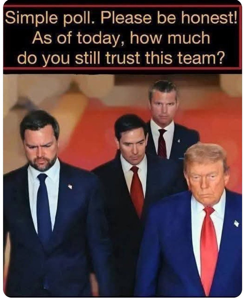 0TulsiGabbard2's tweet photo. The team that’s already delivering RESULTS.
Simple poll — be brutally honest:
How much do you trust THIS team today?  A. 100%
B. 75%
C. 50%
D. 25%
E. 0% https://t.co/zGgiV4URDH