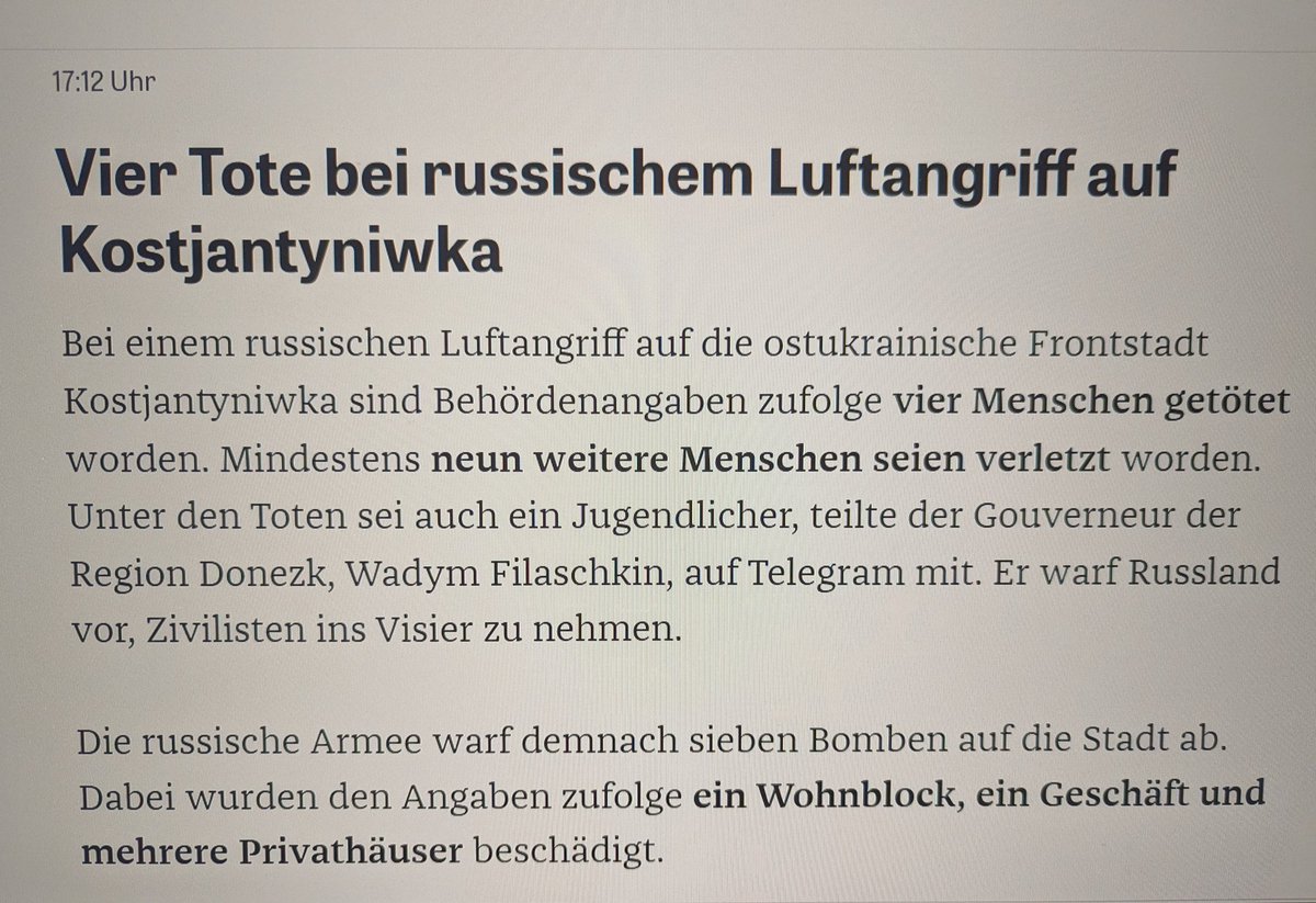reichmann_klaus's tweet photo. Erneut vier ukrainische Opfer nach Bombenabwurf auf Kostjantyniwka. Neun Verletzte. 
Unter den Toten auch ein Jugendlicher. https://t.co/EyD4R4zCkz