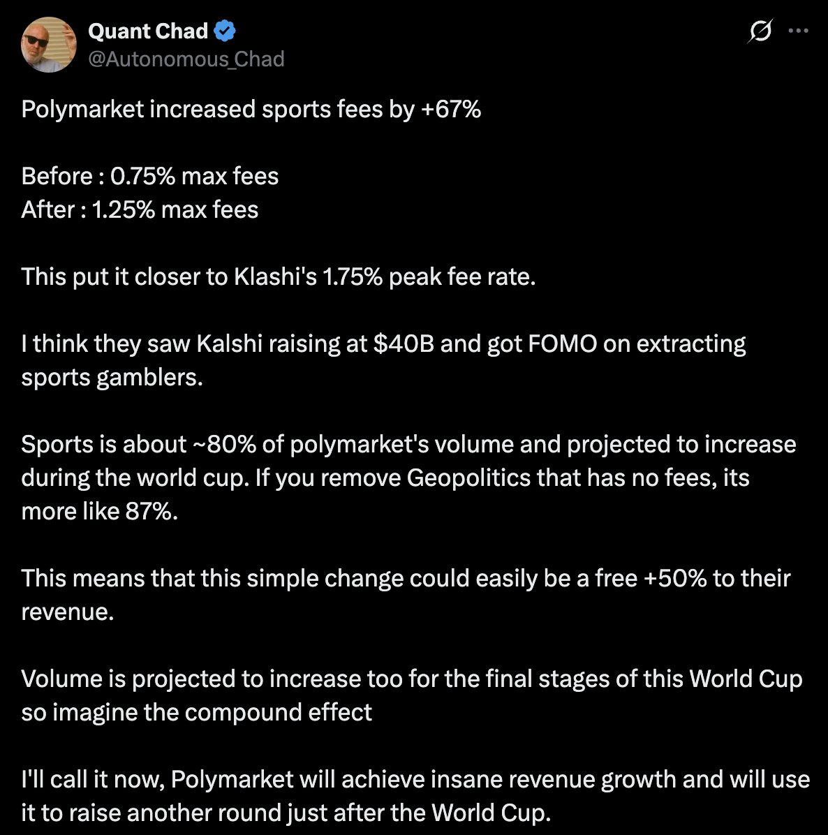 janklimo's tweet photo. This offers a glimpse into a very near future of outcome markets on HL:

1) order of magnitude cheaper
2) capital-efficient (portfolio margin etc)
3) more liquid
4) tighter spreads than alternative venues

Bullish on HL overwhelmingly owning every recurring crypto prediction market thanks to the above + protocol-level settlement.

Bullish on teams like @Outcomexyz listing 80% of popular events, bringing prediction markets expertise, their own liquidity incentives, own MM partners.

Bullish on projects like @InfoFiTrade listing the tail-end of the market spectrum.

Bullish on every builder code frontend seamlessly distributing them.

If you think a couple of World Cup markets aren't  moving the needle, you're missing the forest for the trees.

The incumbents? Asleep at the wheel optimizing their extraction strategies 🤷‍♂️