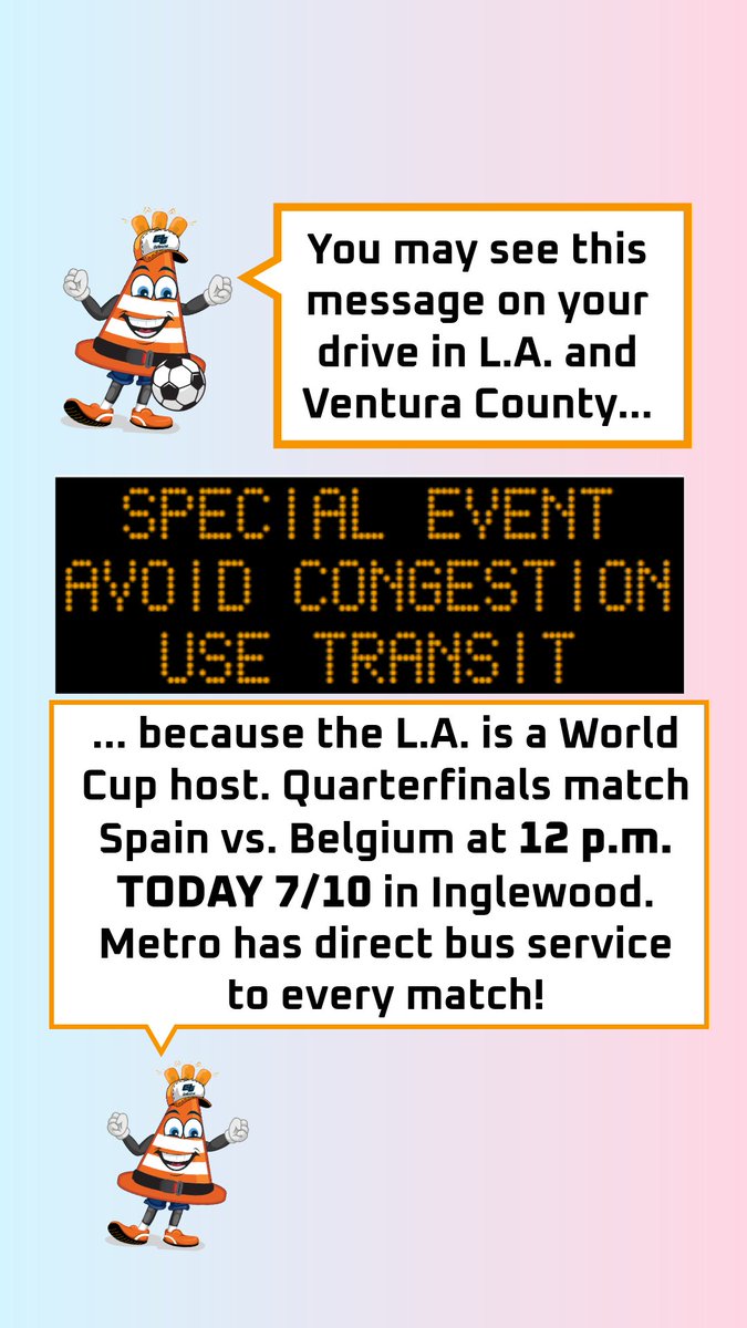 CaltransDist7's tweet photo. ⚽ WORLD CUP TRAFFIC ⚠️

Explore alternate routes if traveling near L.A. (SoFi) Stadium 10 a.m. -4 p.m. TODAY in Inglewood. @go511 🔗https://t.co/aJ0QrHYDdu 

Also near fan zones at Venice Beach &amp; Whittier Narrows @LosAngelesFWC26  

Real-time conditions 🔗https://t.co/xbyTKr2hic https://t.co/HSGdnj5880