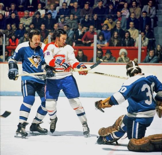 Duane Rupp #Canadiens Steve Shutt in action against #Penguins Duane Rupp and Gary ...