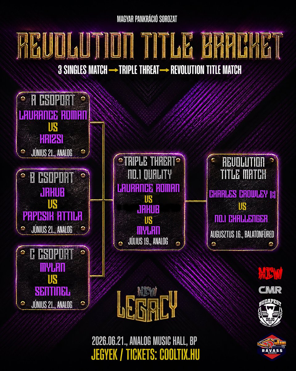 hcwlegacy's tweet photo. 🔥 The tournament bracket has grown even bigger!
On July 19, at HCW Legacy: Genesis, we’ll find out who advances to the next stage!

Laurance Roman, Mylan or Jakub will earn the opportunity to face Charles Crowley for the Revolution Championship on August 16 in Balatonfüred! 👀🏆

🎟️ Tickets for both events are available now through Cooltix!
Don’t miss out! 💥