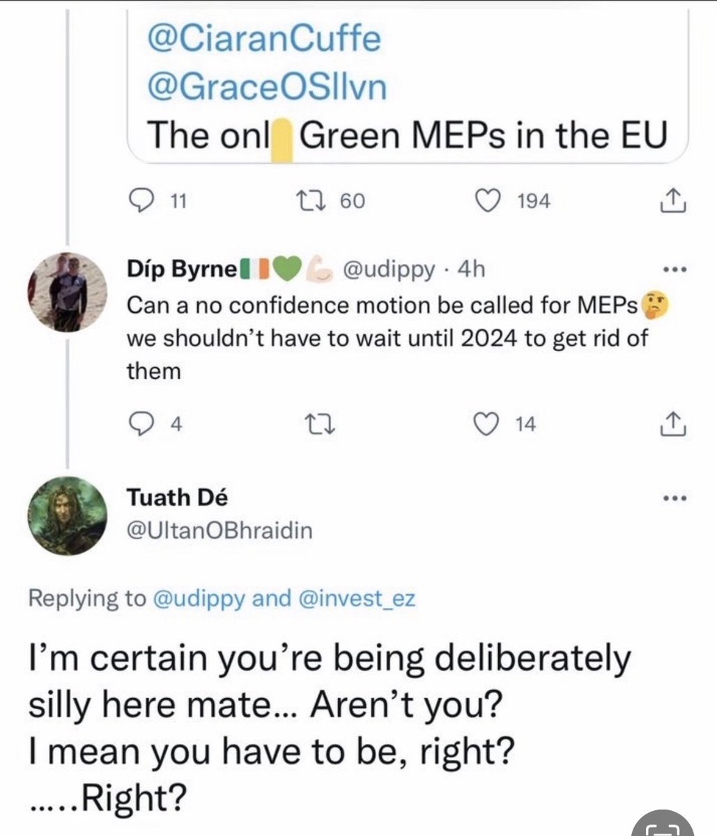 Ultan0Bhraidin's tweet photo. @HibernianSea @udippy @chrisadonnelly Handsome, ain’t he?
A dopey DOPEY bastard.
He suggested calling for a motion of no confidence in an MEP a while back.
There’s more intelligent beings picking seeds and pips out of their own shite https://t.co/sSNHkSVT5V